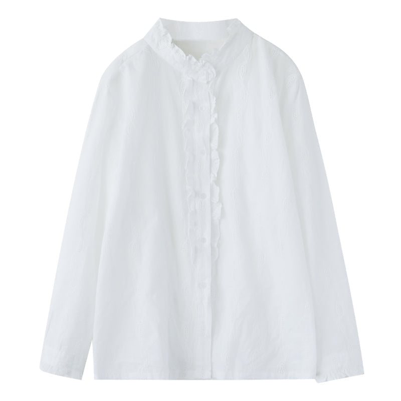 Dame Retro Ruffle Casual Cotton White Bluse