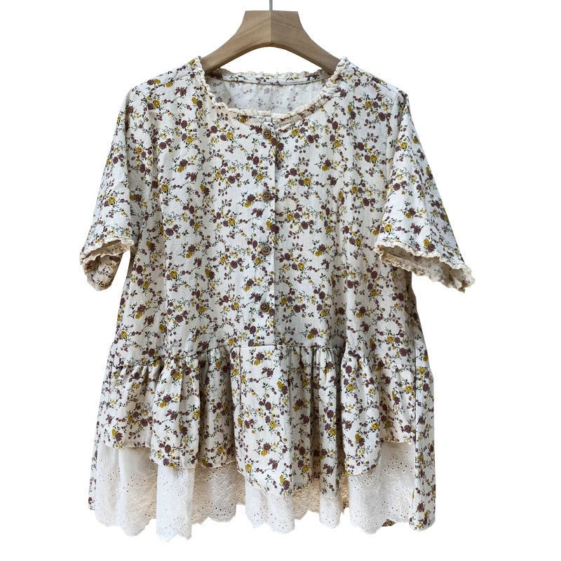 Dame Sommer Retro Floral Patchwork Bomull Lin Bluse