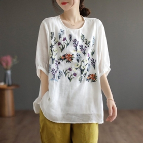 Dame Sommer Retro Loose Floral Brodery Lin T-shirt