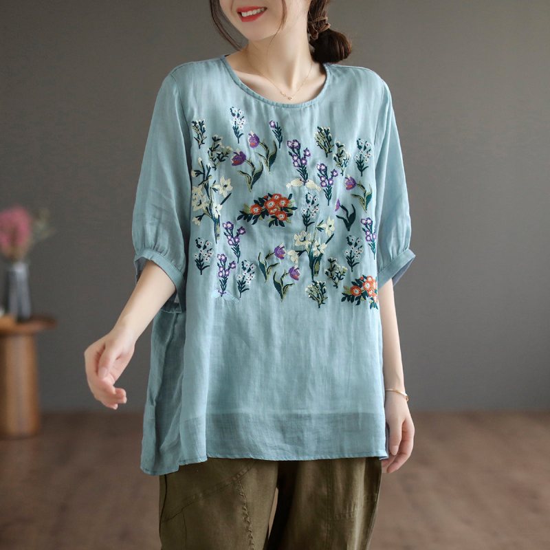 Dame Sommer Retro Loose Floral Brodery Lin T-shirt