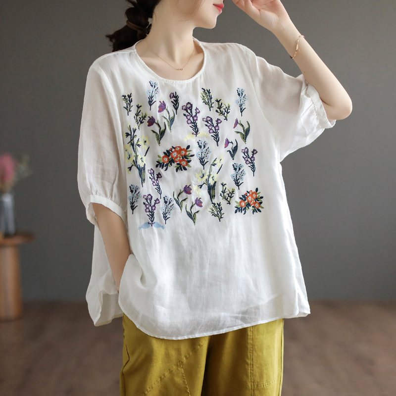 Dame Sommer Retro Loose Floral Brodery Lin T-shirt