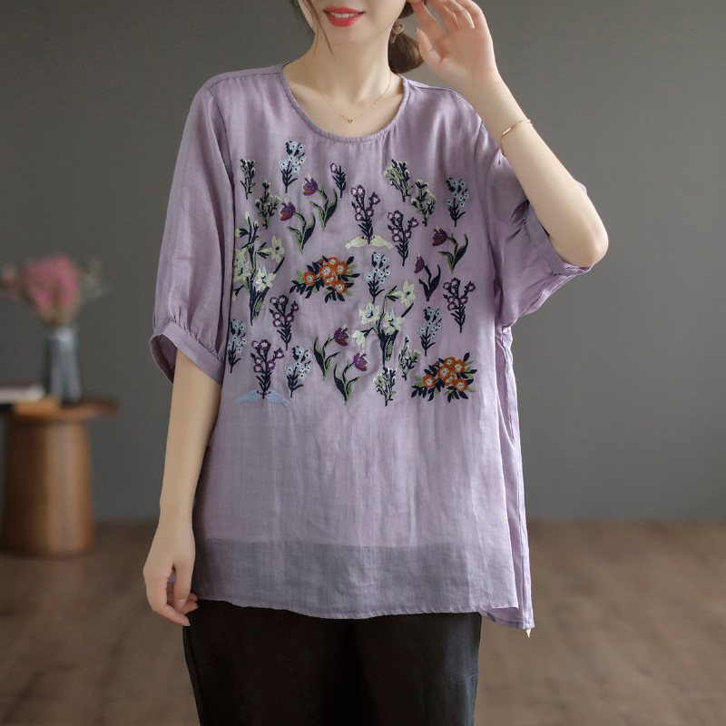 Dame Sommer Retro Loose Floral Brodery Lin T-shirt