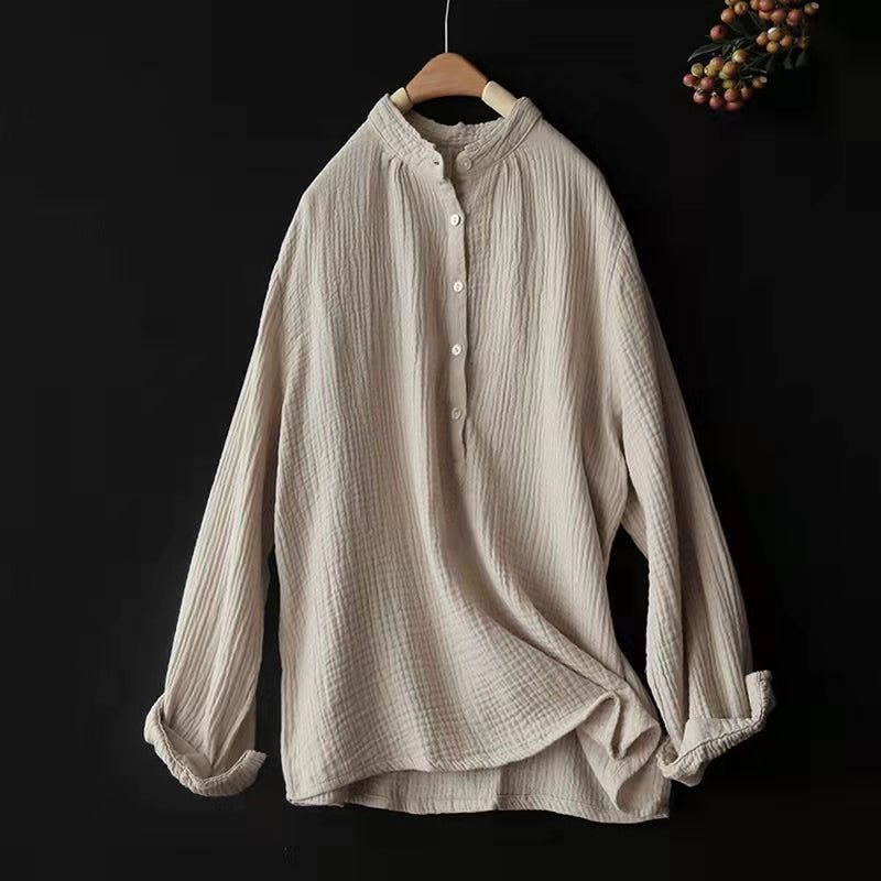 Dame Spring Loose Retro Stand Collar Lin Bluse