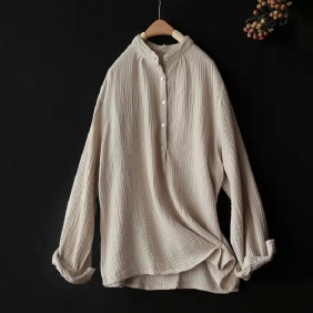 Dame Spring Loose Retro Stand Collar Lin Bluse