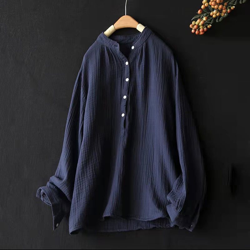 Dame Spring Loose Retro Stand Collar Lin Bluse