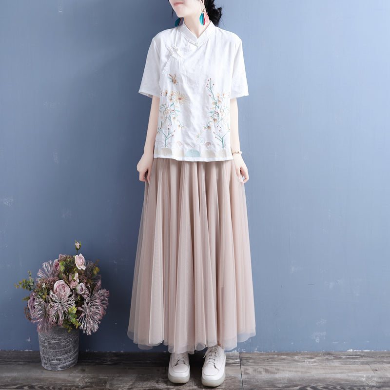 Dame Summer Retro Floral Brodery Bluse