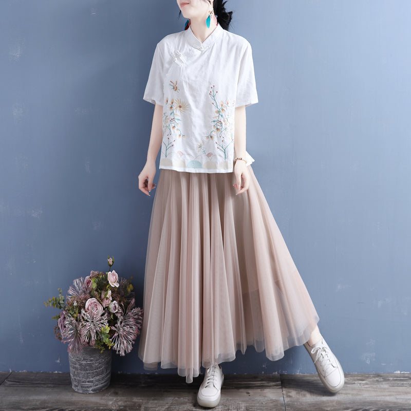 Dame Summer Retro Floral Brodery Bluse