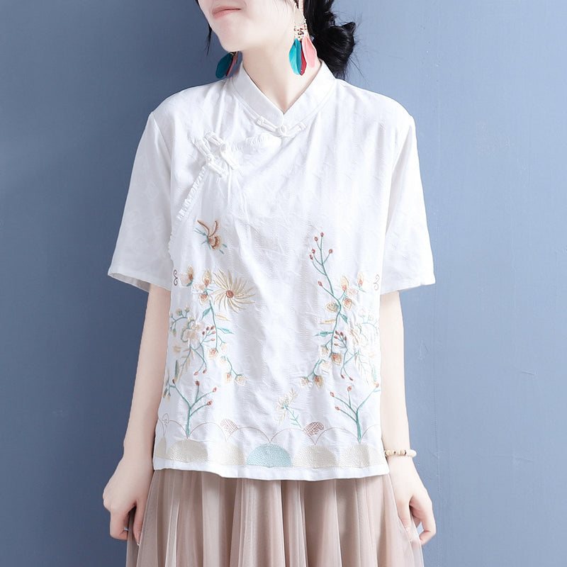 Dame Summer Retro Floral Brodery Bluse