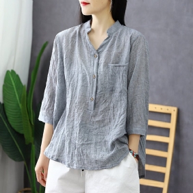 Dame Summer Retro Half Sleeve Cotton Lin Bluse