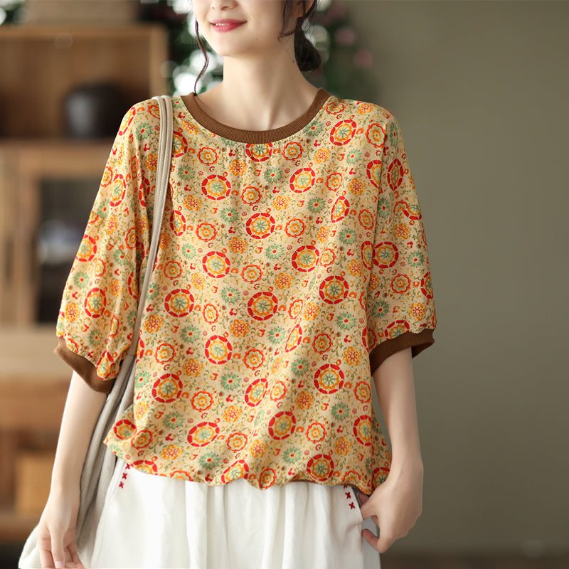 Dame Summer Retro Tencel Linen Floral T-shirt