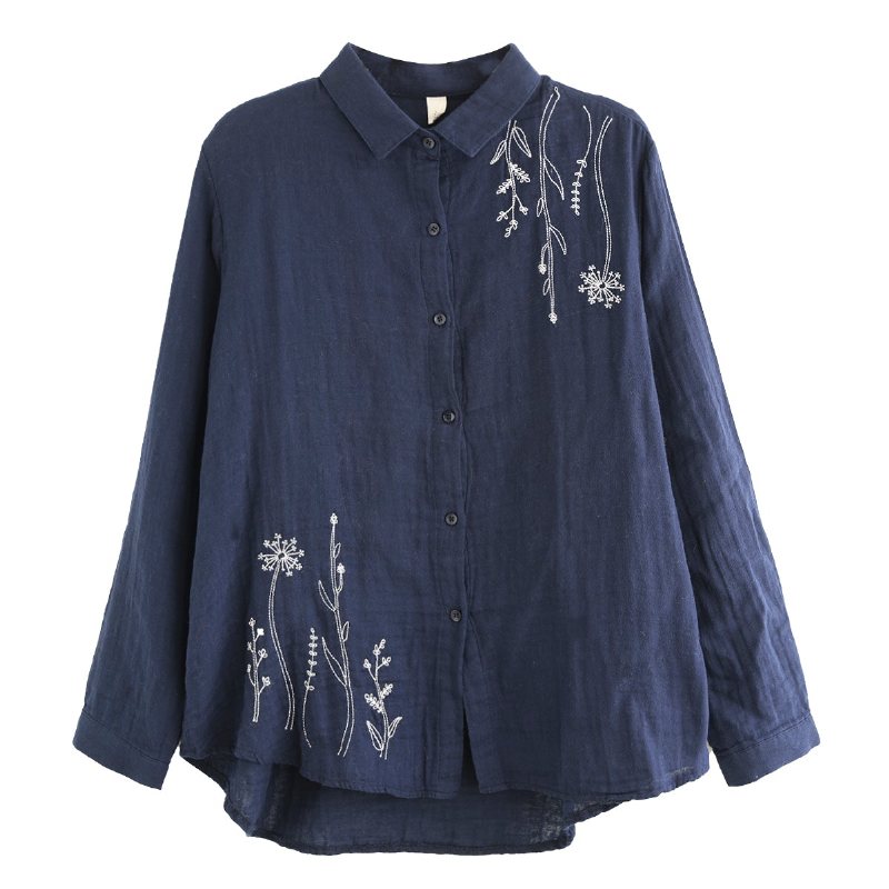 Dame Vintage Blomsterbroderi Langermet Bomullsbluse