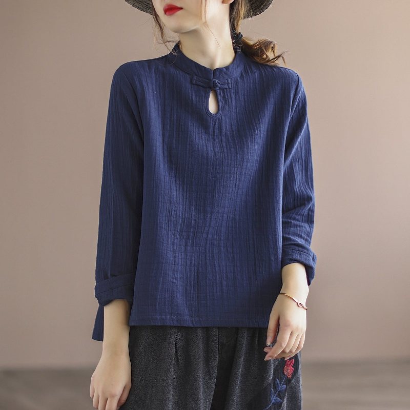 Etnisk Retro Spring Bomull Lin Pullover Bluse