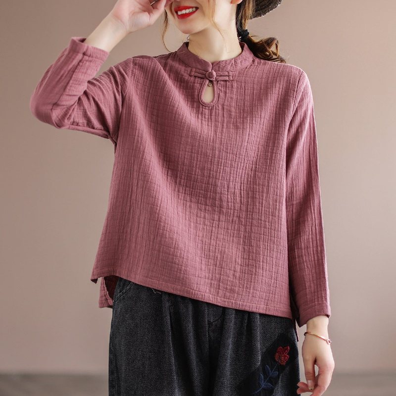 Etnisk Retro Spring Bomull Lin Pullover Bluse