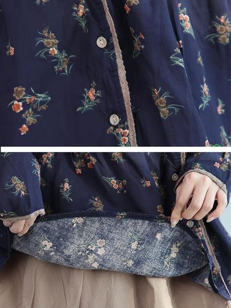 Floral Retro Dame Casual Cotton Rød Skjorte