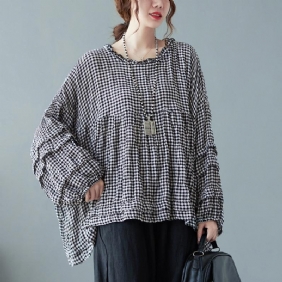 Høst Bomull Lin Pledd Plus Size Puff Shirt