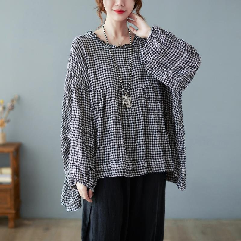 Høst Bomull Lin Pledd Plus Size Puff Shirt