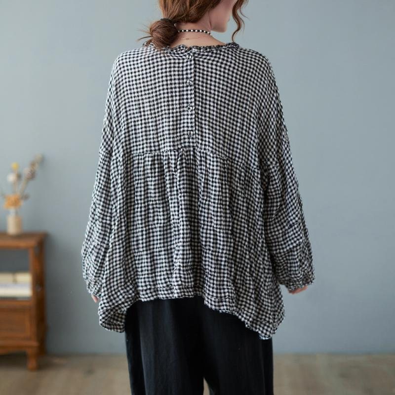 Høst Bomull Lin Pledd Plus Size Puff Shirt