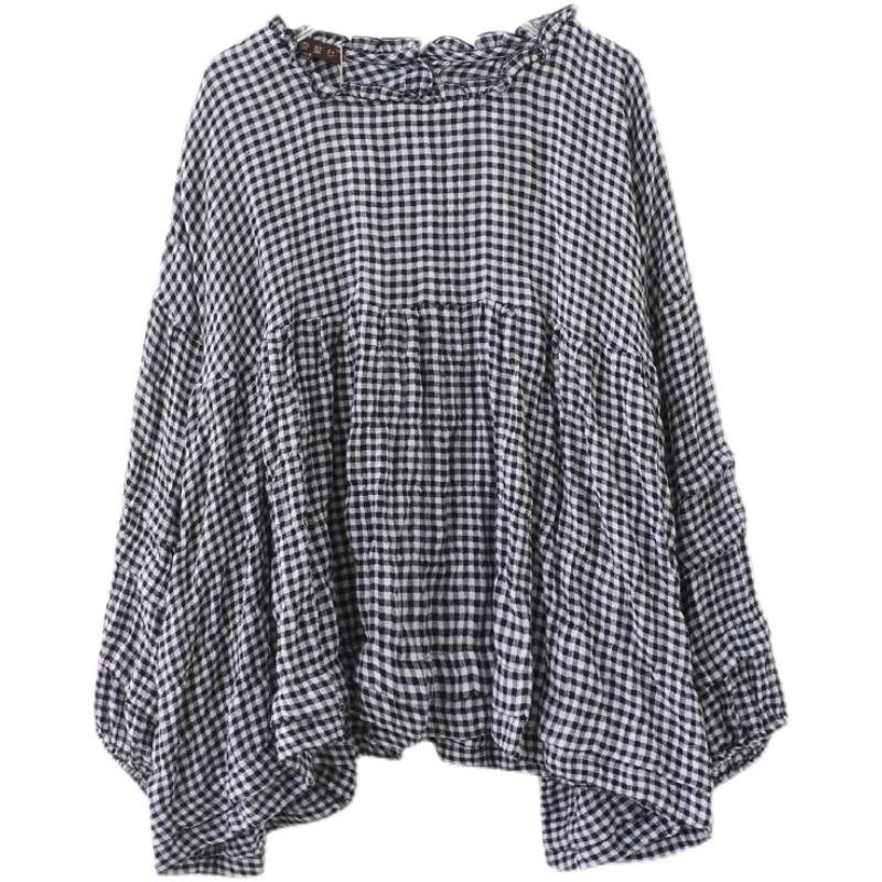 Høst Bomull Lin Pledd Plus Size Puff Shirt