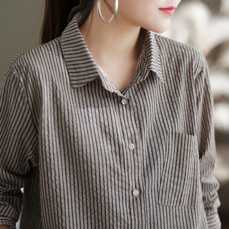 Kvinner Casual Loose Stripe Retro Polo Neck Bomullsbluse