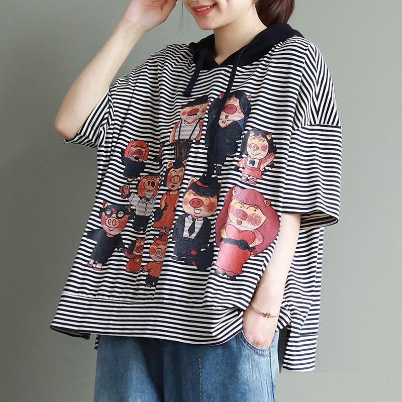 Loose Cartoon Print Half Sleeve Hettebluse