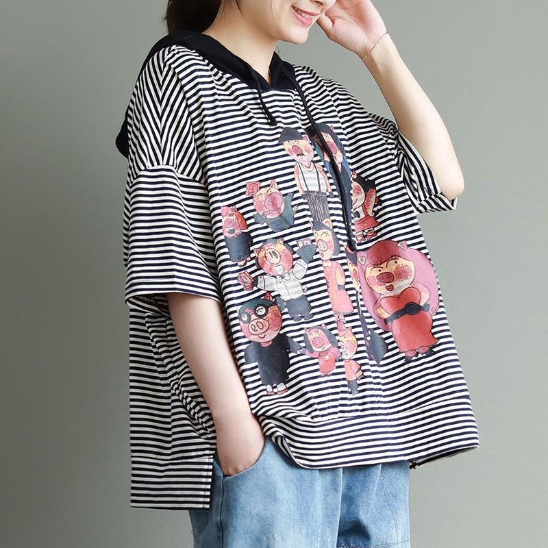 Loose Cartoon Print Half Sleeve Hettebluse