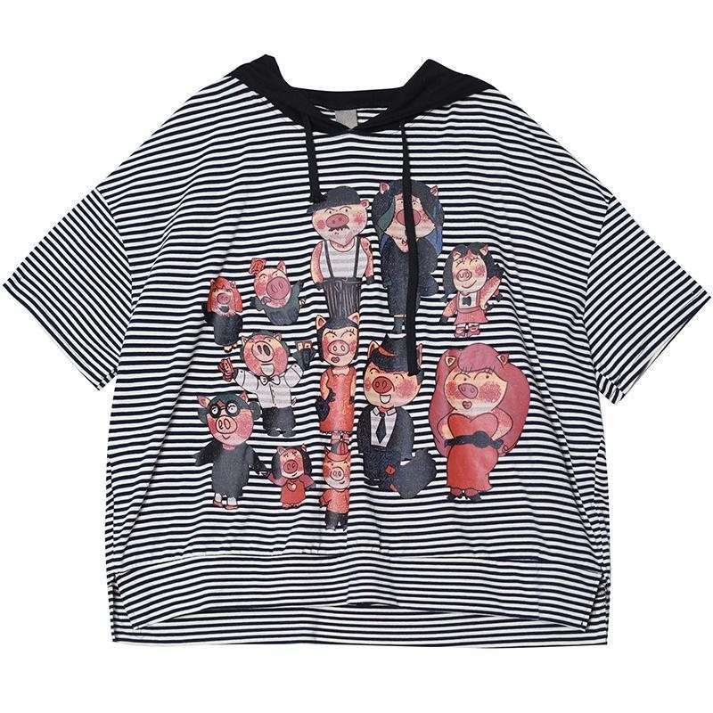 Loose Cartoon Print Half Sleeve Hettebluse