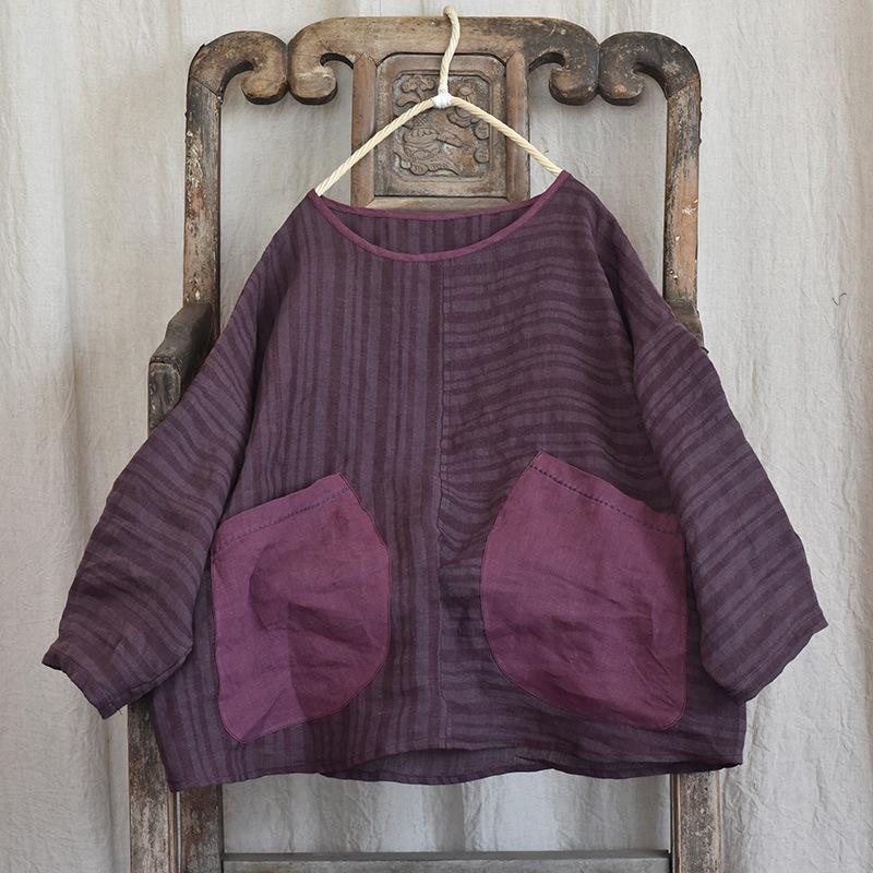 Løse Retro Store Lommer Patchwork Linbluse