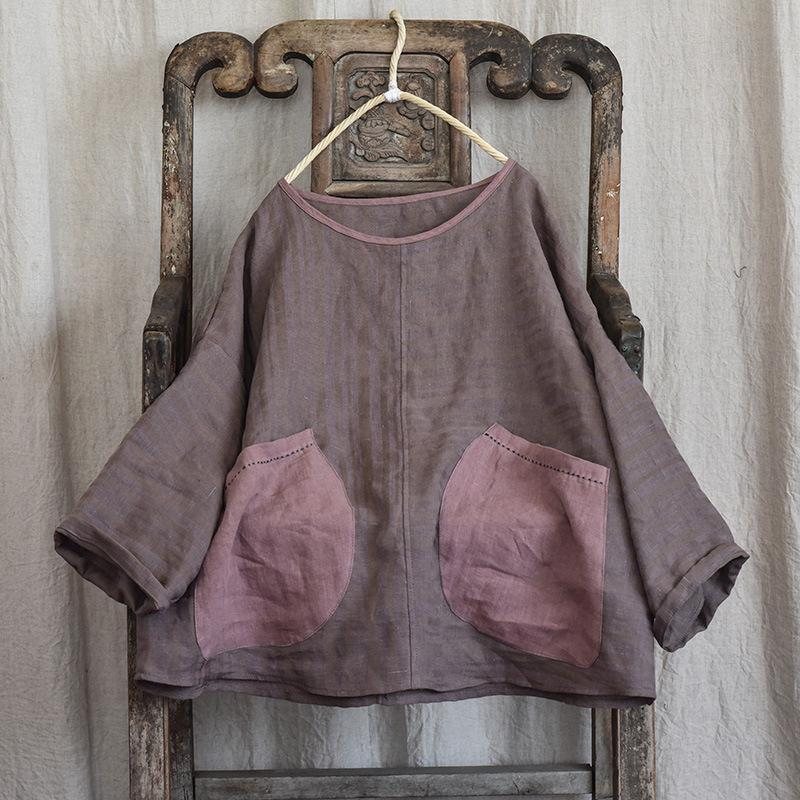 Løse Retro Store Lommer Patchwork Linbluse