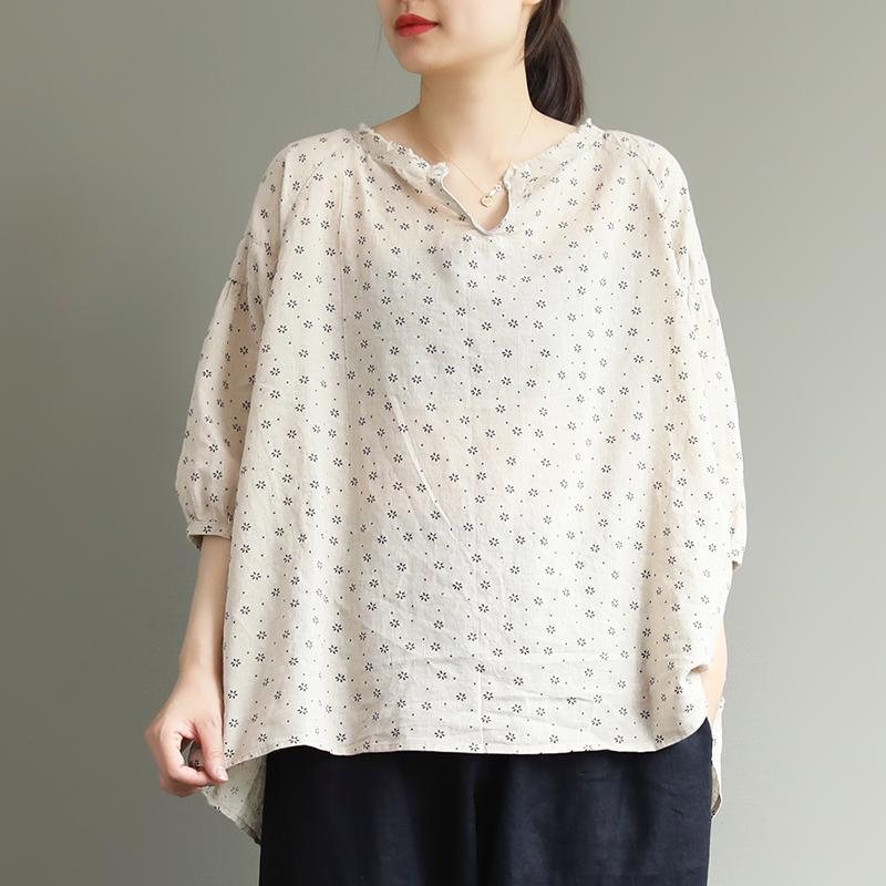 Løst Lin Nytt Blomstertrykk Polka Dot Komfortabel Bluse