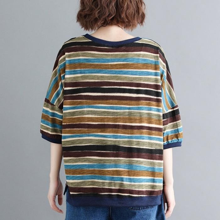 Plus Size Løs Tynn Stripe T-skjorte I Bomull