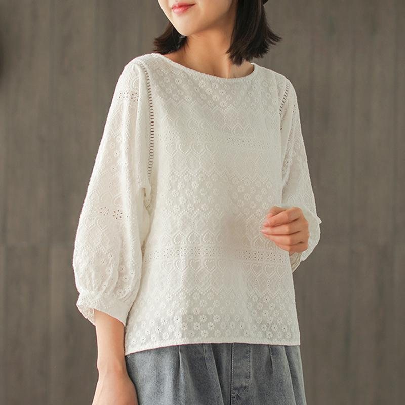 Retro Boat Collar Damebroderi Hollow Out Spring Bluse