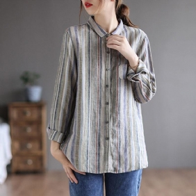 Retro Lin Langermet Loose Stripe Bluse