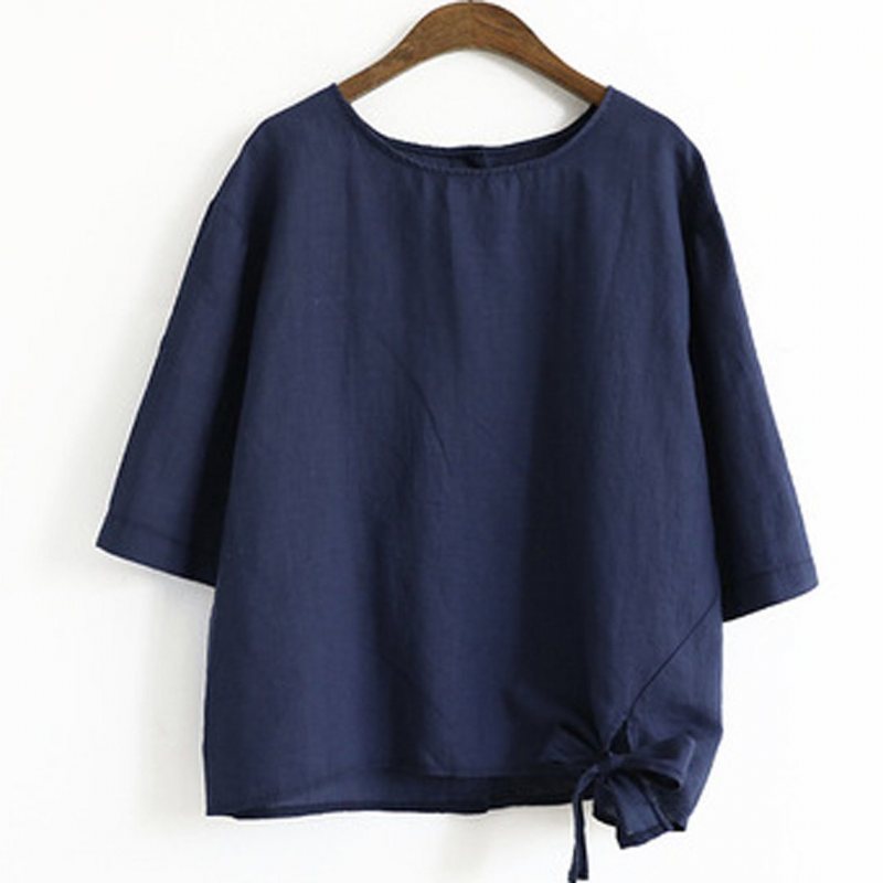 Solid Bomull Lin Front Knot Casual Bluse