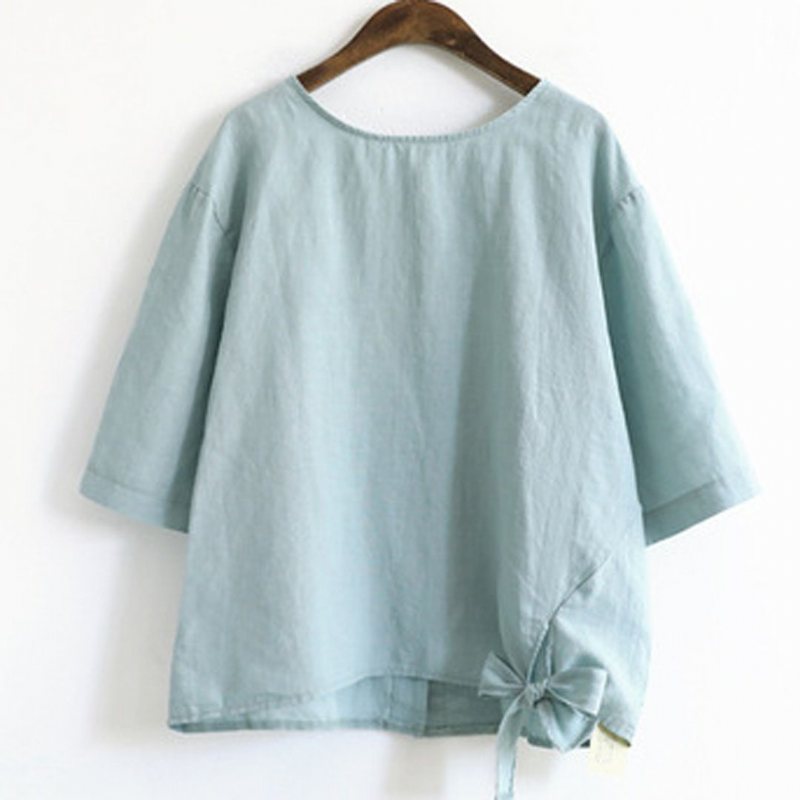 Solid Bomull Lin Front Knot Casual Bluse