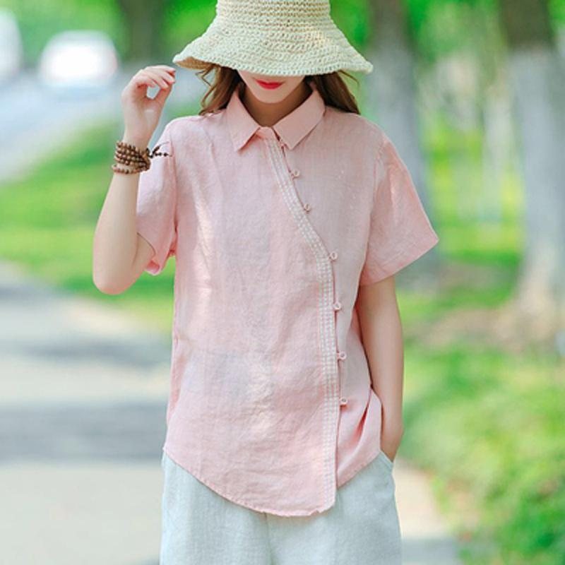 Solid Button Front Lin Kortermet Bluse