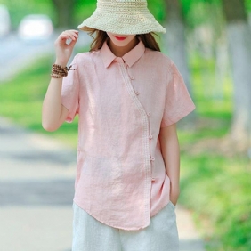 Solid Button Front Lin Kortermet Bluse