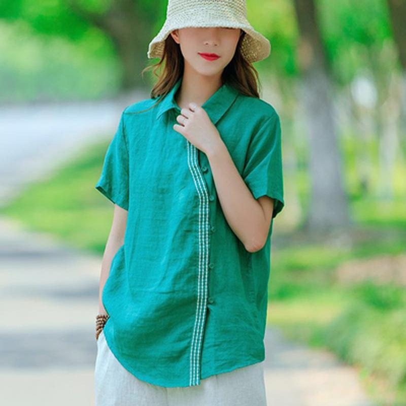 Solid Button Front Lin Kortermet Bluse