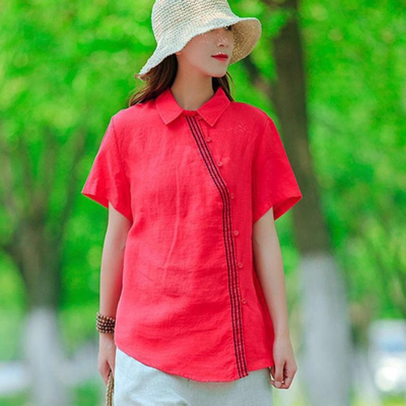 Solid Button Front Lin Kortermet Bluse