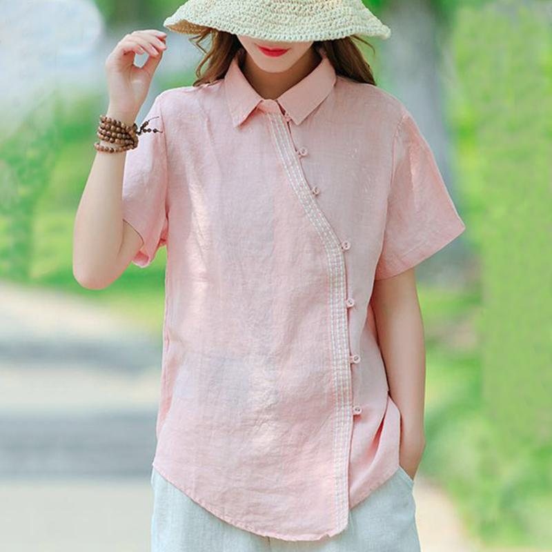 Solid Button Front Lin Kortermet Bluse