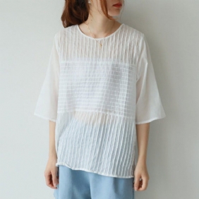 Solid Ruched Cotton Casual Løs Bluse