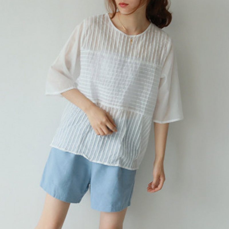 Solid Ruched Cotton Casual Løs Bluse