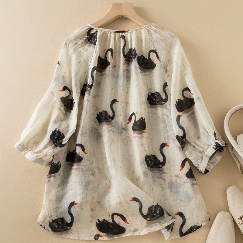 Sommer Dame Retro Swan Printet Tynn Lin Bluse