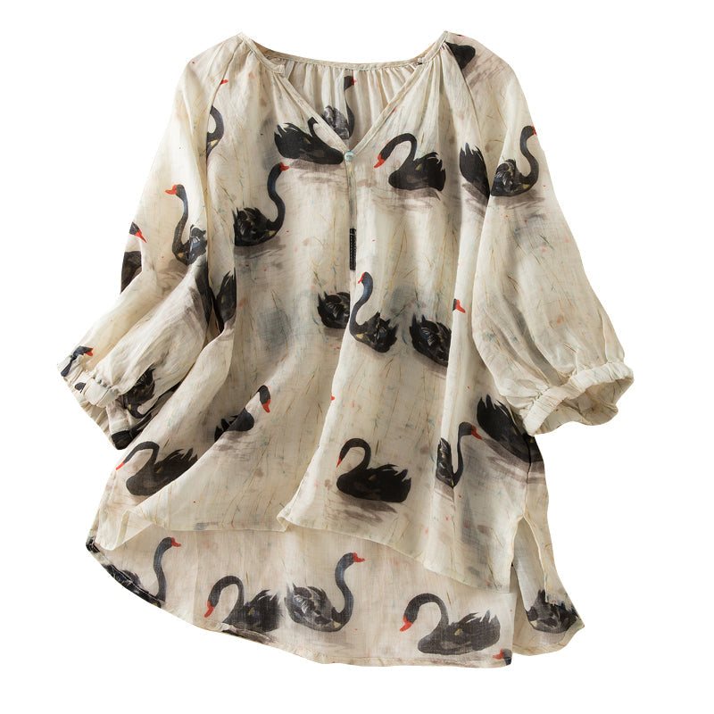 Sommer Dame Retro Swan Printet Tynn Lin Bluse