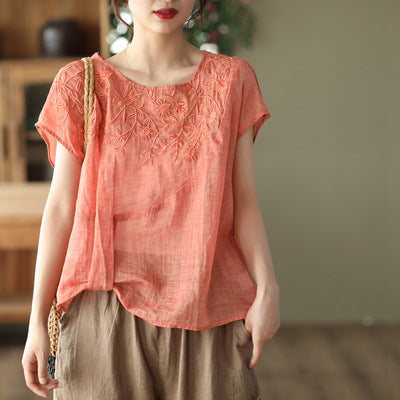 Sommer Retro Broderi Tynn Lin Bluse