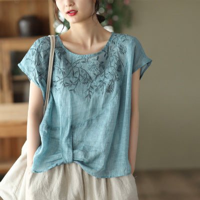 Sommer Retro Broderi Tynn Lin Bluse