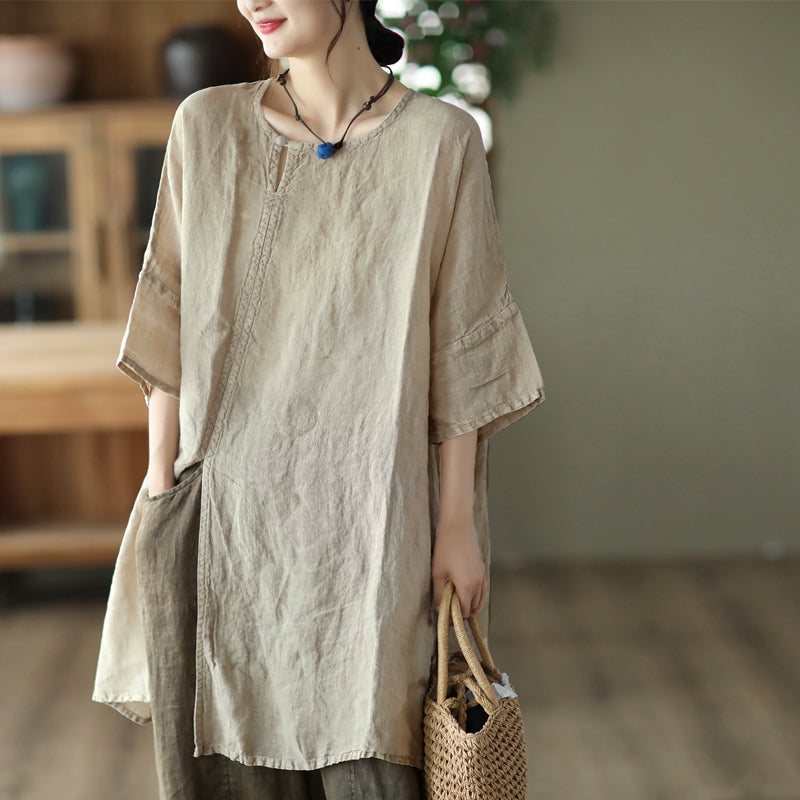 Sommer Retro Løs Mid Sleeve Lin Lang Shirt