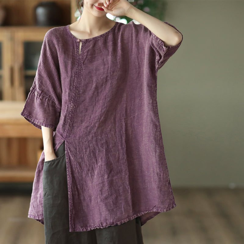 Sommer Retro Løs Mid Sleeve Lin Lang Shirt