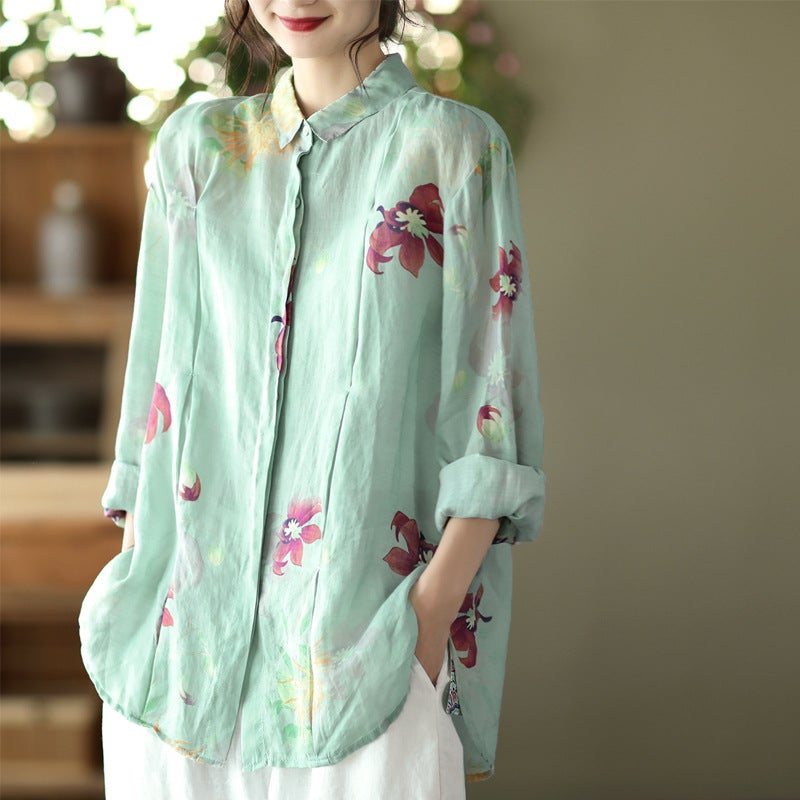 Spring Loose Casual Retro Linen Floral Bluse