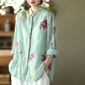 Spring Loose Casual Retro Linen Floral Bluse