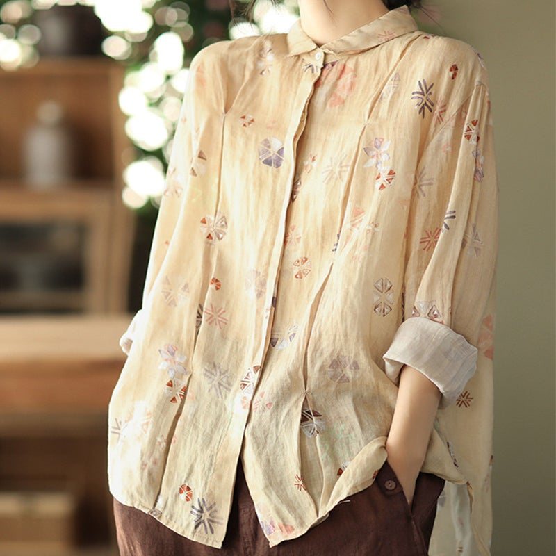 Spring Loose Casual Retro Linen Floral Bluse